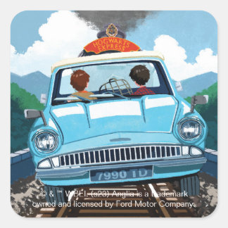 Ron & HARRY POTTER™ in Flying Car to HOGWARTS™ Quadratischer Aufkleber