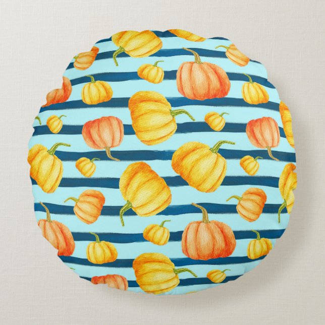 Rong um Orange Pumpkin. Nahtlose Aquarellkiste Rundes Kissen (Vorderseite)