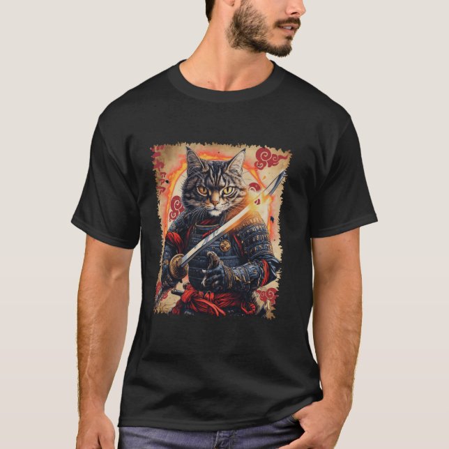 Ronin Samurai Cat Warrior mit Katana Feline Bushi T-Shirt (Vorderseite)