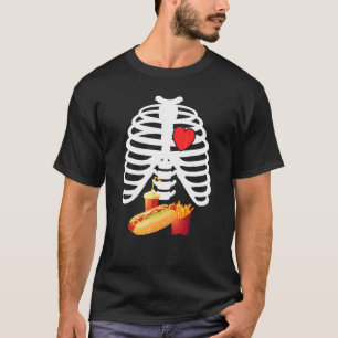Röntgen-Skelett-Rippenkäfig-Bier-Hot-Dogs-Hallowee T-Shirt