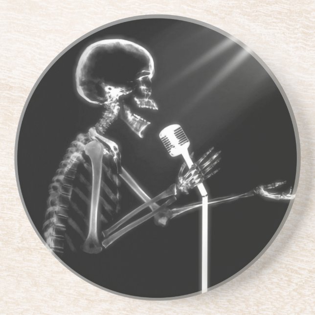 RÖNTGENBLICK-SKELETON GESANG AUF RETRO MIC - B&W SANDSTEIN UNTERSETZER (Vorne)