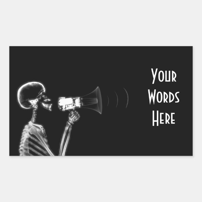 RÖNTGENBLICK-SKELETT AUF MEGAPHON - B&W RECHTECKIGER AUFKLEBER (Vorderseite)