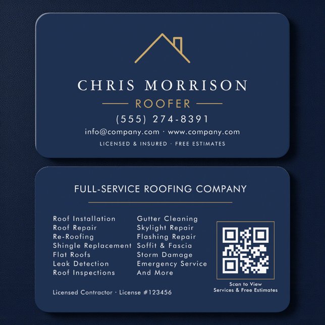 Roofer Navy Blue Gold QR Code Visitenkarte (Von Creator hochgeladen)