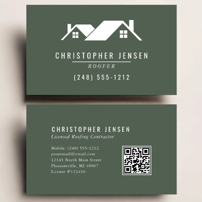 Roofer QR Code Roofing Business Dark Green Visitenkarte (Von Creator hochgeladen)