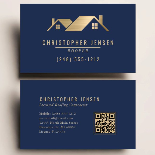 Roofer QR Code Roofing Business Navy Blue Gold Visitenkarte (Von Creator hochgeladen)