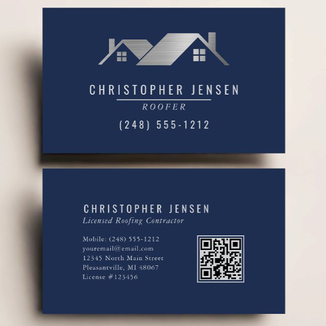 Roofer QR Code Roofing Business Navy Blue Silver Visitenkarte (Von Creator hochgeladen)