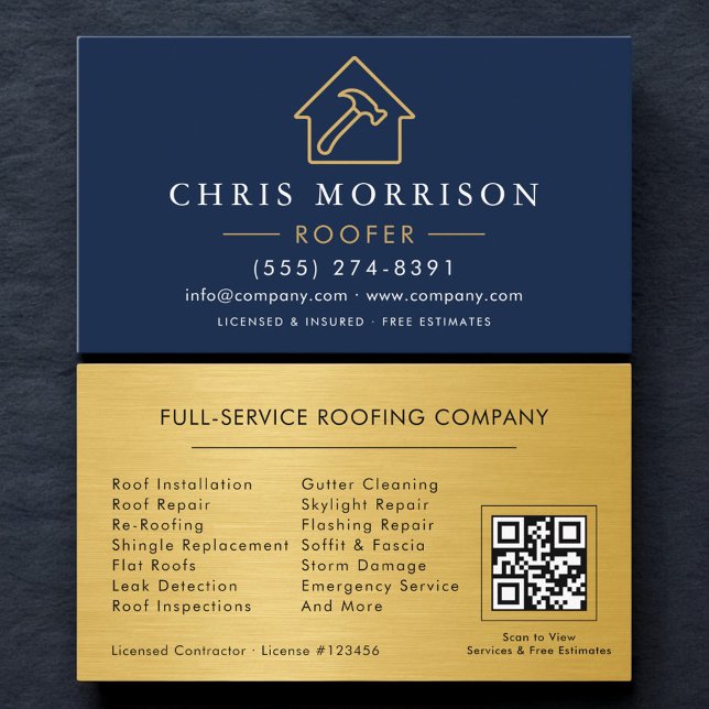 Roofing Professional Navy Blue QR Code Visitenkarte (Von Creator hochgeladen)
