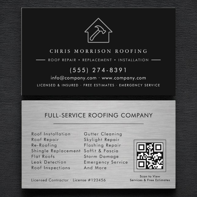 Roofing Roofer Contractor Metallic QR Code Visitenkarte (Von Creator hochgeladen)