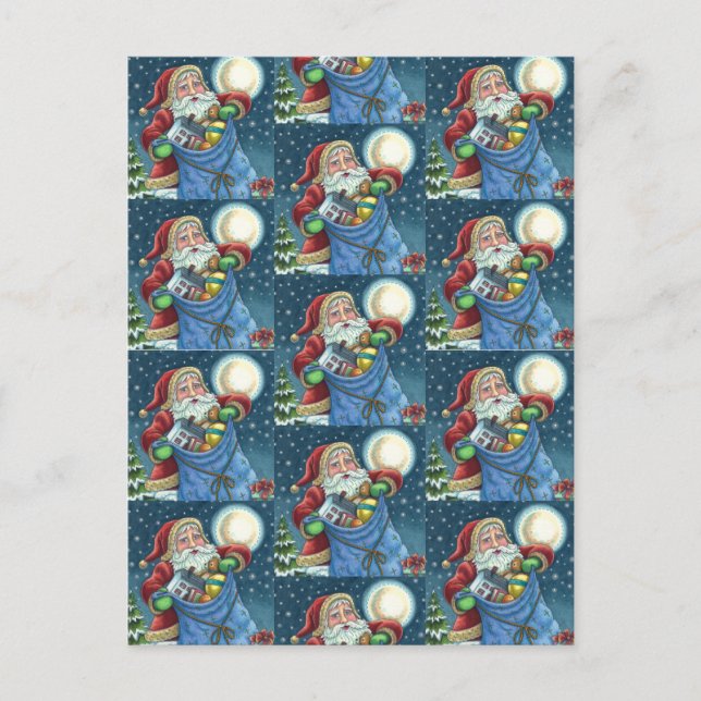 ROOFTOP SANTA BAG of TOYS, DOLLHOUSE, HOBBYHORSE Postkarte (Vorderseite)