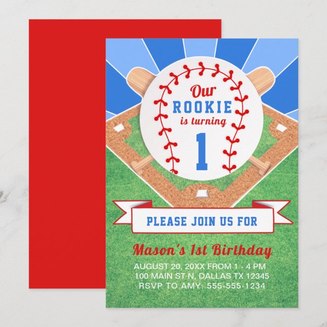 Rookie Baseball 1. Geburtstag Einladung (Vorne/Hinten)