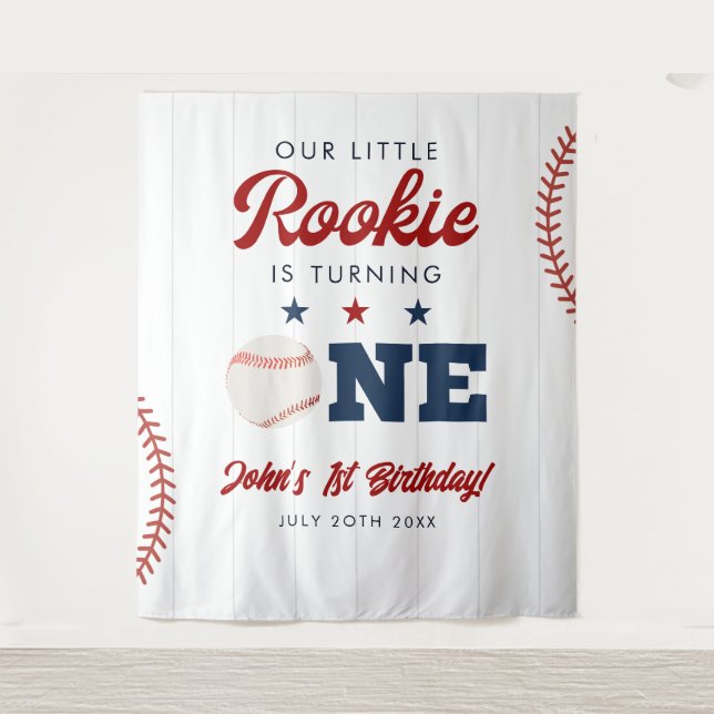 Rookie Baseball 1st Birthday Photo Backdrop Wandteppich (Vorderseite)