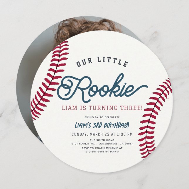 Rookie Baseball Boy Birthday Foto Circle Einladung (Vorne/Hinten)