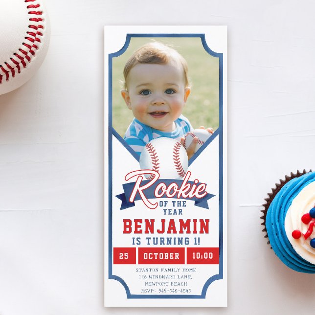 Rookie Baseball Foto Blue Boy 1. Geburtstag Einlad (rookie of the year 1st birthday invite boy photo template red blue milestone invitation ticket)