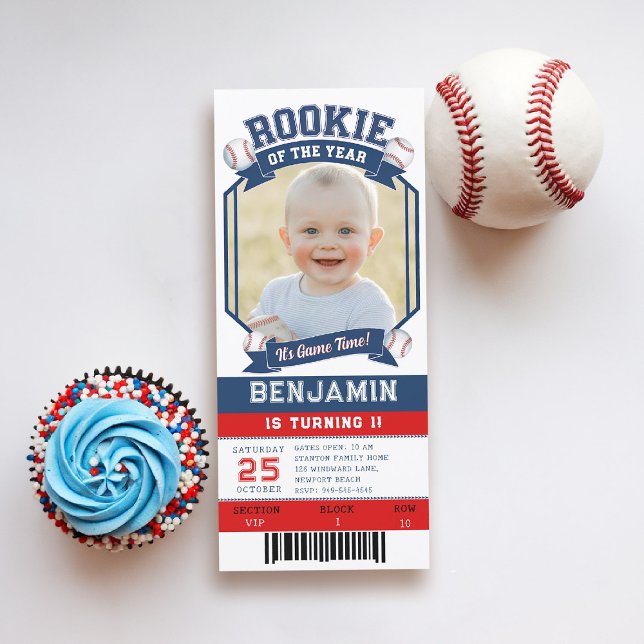 Rookie Baseball Ticket Red Blue Boy 1. Geburtstag (rookie of the year 1st birthday invite boy photo template red blue white milestone invitation)