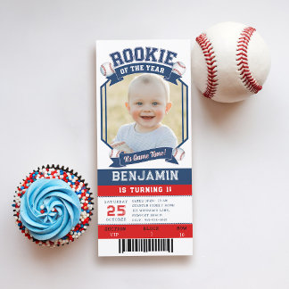 Rookie Baseball Ticket Red Blue Boy 1. Geburtstag Einladung