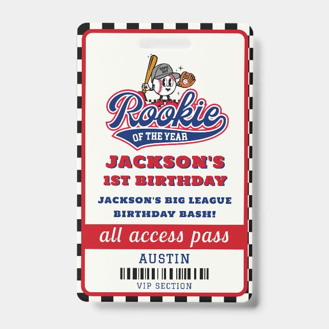 Rookie des Jahres Baseball Geburtstagsparty Ausweis (Vorderseite)