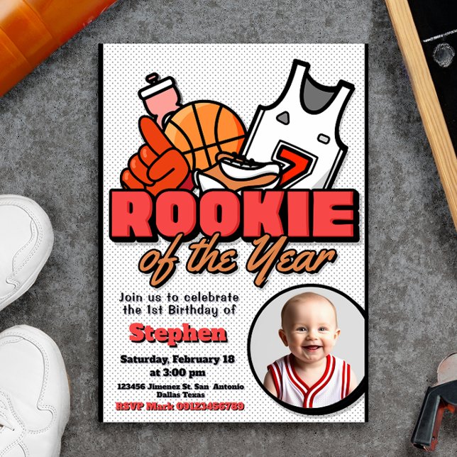 Rookie des Jahres - Boy First Birthday Basketball Einladung (Rookie of the Year - Boy First Birthday Basketball Invitation with Photo Picture)