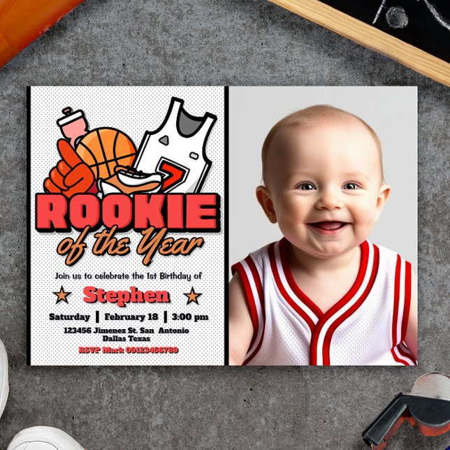 Rookie des Jahres - Boy First Birthday Basketball Einladung (Rookie of the Year - Boy First Birthday Basketball Landscape Invitation with Photo Picture)