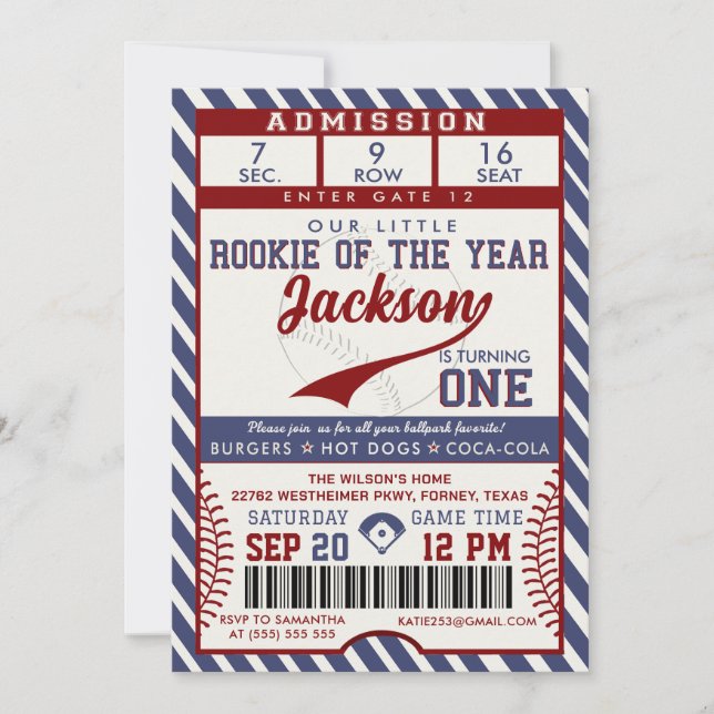 Rookie of the Year 1st Birthday Baseball Ticket Einladung (Vorderseite)