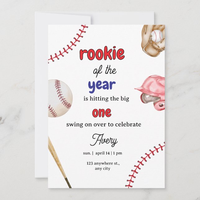 Rookie of the Year Baseball 1st Birthday Invitatio Einladung (Vorderseite)