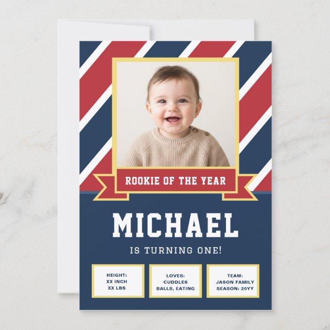 Rookie Of The Year Kid Photo Football 1st Birthday Einladung (Vorderseite)