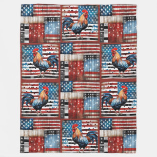 Rooster American Flag Folk Art Quilt Fleecedecke