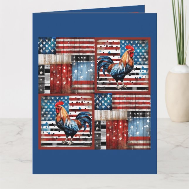 Rooster American Flag Folk Art Quilt Karte (Vorderseite)