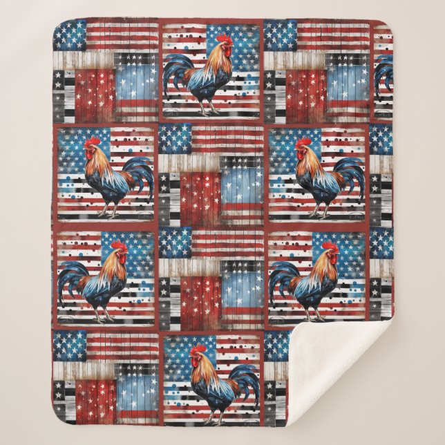 Rooster American Flag Folk Art Quilt Sherpadecke (Vorderseite)