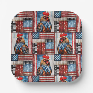 Rooster American Flag Folkart Pappteller