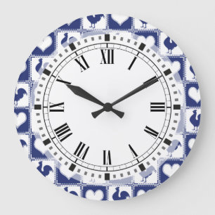 Rooster and Hearts Blue and White Farm Country Große Wanduhr