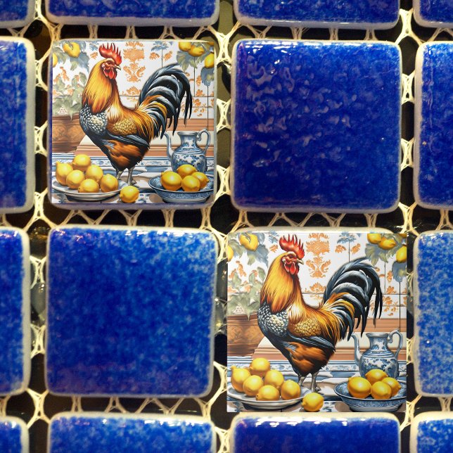 Rooster and Lemons Azulejo Style Blue Orange Cream Fliese (Von Creator hochgeladen)
