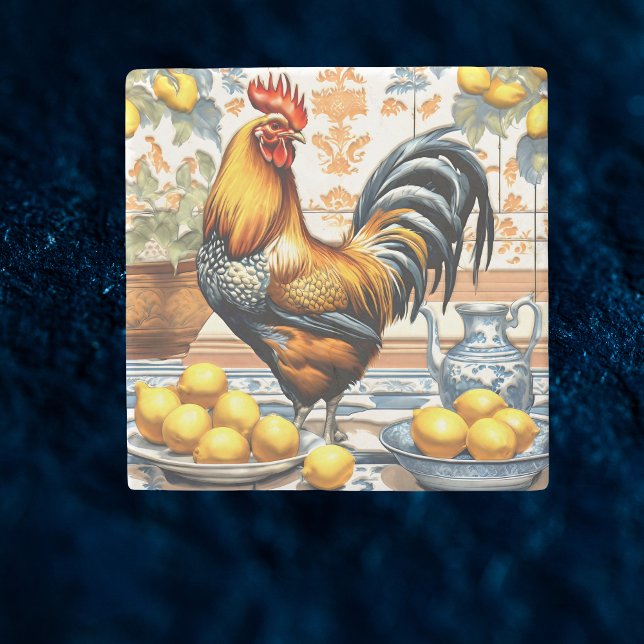 Rooster and Lemons Azulejo Style Blue Orange Cream Steinuntersetzer (Von Creator hochgeladen)