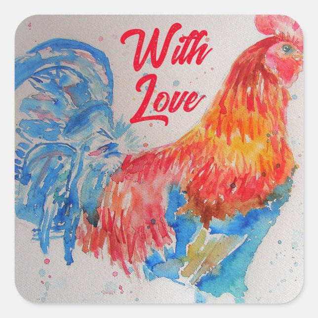 Rooster Aquarellmalerei mit Liebe Quadratischer Aufkleber (Vorderseite)
