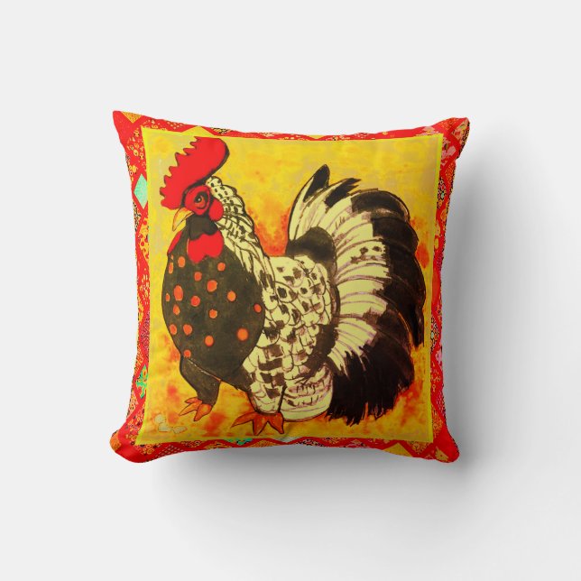 Rooster Art with Red Decorative Border Kissen (Vorderseite)