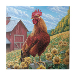 Rooster auf einer Sonnenblumenzucht Fliese