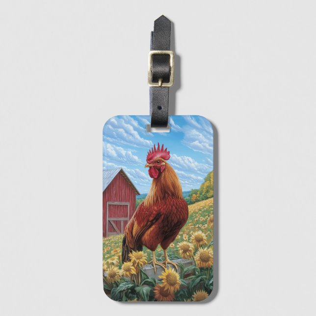 Rooster auf einer Sonnenblumenzucht Gepäckanhänger (Vorderseite Vertikal)