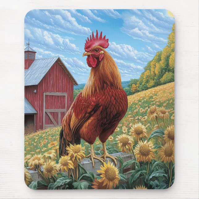 Rooster auf einer Sonnenblumenzucht Mousepad (Vorne)