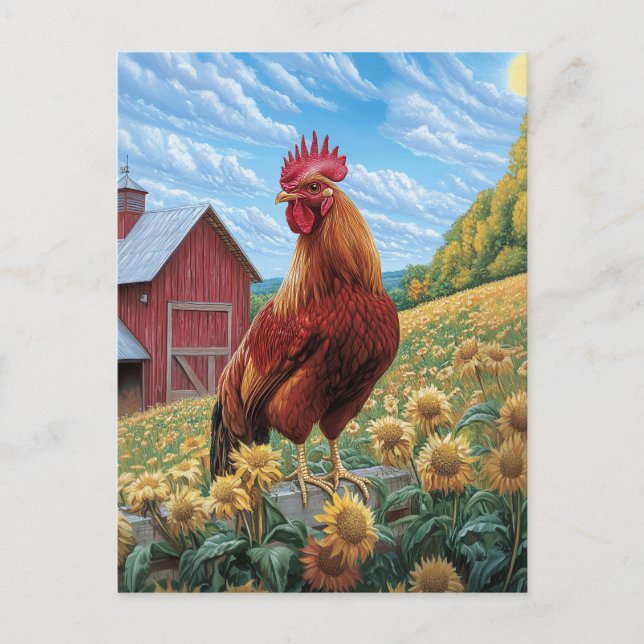 Rooster auf einer Sonnenblumenzucht Postkarte (Vorderseite)