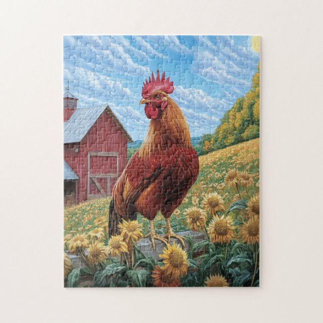 Rooster auf einer Sonnenblumenzucht Puzzle (Vertikal)