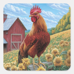 Rooster auf einer Sonnenblumenzucht Quadratischer Aufkleber