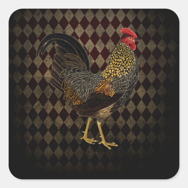 Rooster auf Harlequin Quadratischer Aufkleber (Vorderseite)