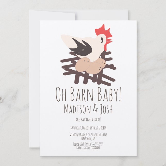 Rooster Barn Animals Farm Baby Dusche Art Invitati Einladung (Vorderseite)