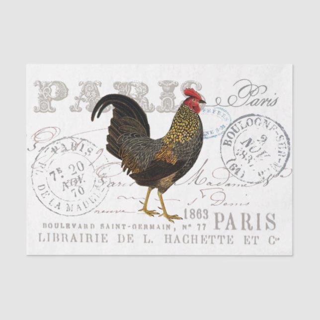 Rooster Bird Farmhouse Französisch Script Decoupag Seidenpapier (Vorderseite)
