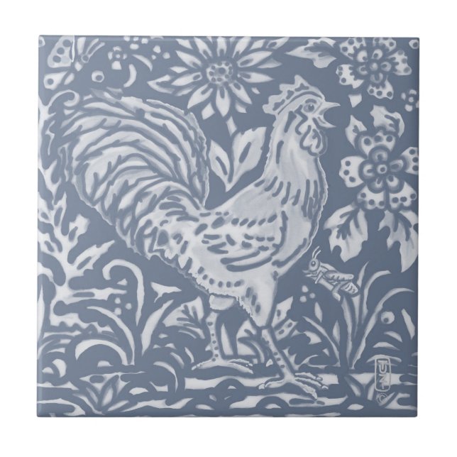 Rooster Blaue Botanische Delft Malerei  Fliese (Vorderseite)