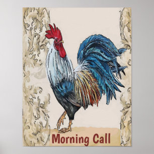 Rooster, blaue Hühner, Textposter bearbeiten Poster