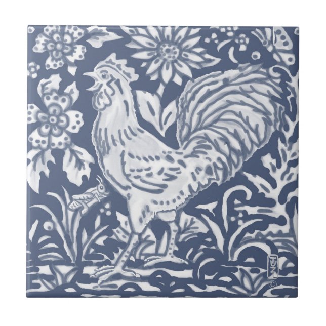 Rooster Blue White Botanical Delft Denim Faces L Fliese (Vorderseite)