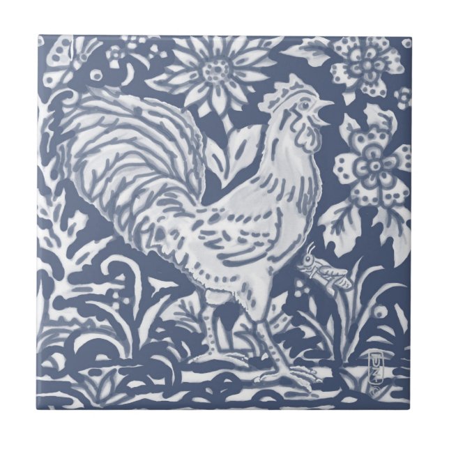 Rooster Blue White Botanical Delft Denim Keramik T Fliese (Vorderseite)