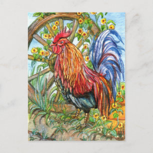 Rooster by Wheel Garden Postkarte