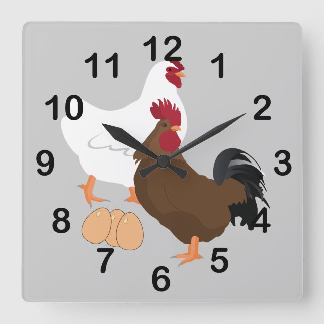 Rooster Chicken Eggs Square Wall Clock Quadratische Wanduhr (Vorderseite)