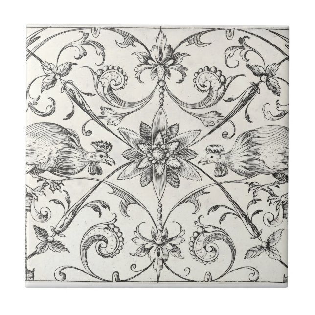 Rooster Chickens Creme Vintag Fliese (Vorderseite)